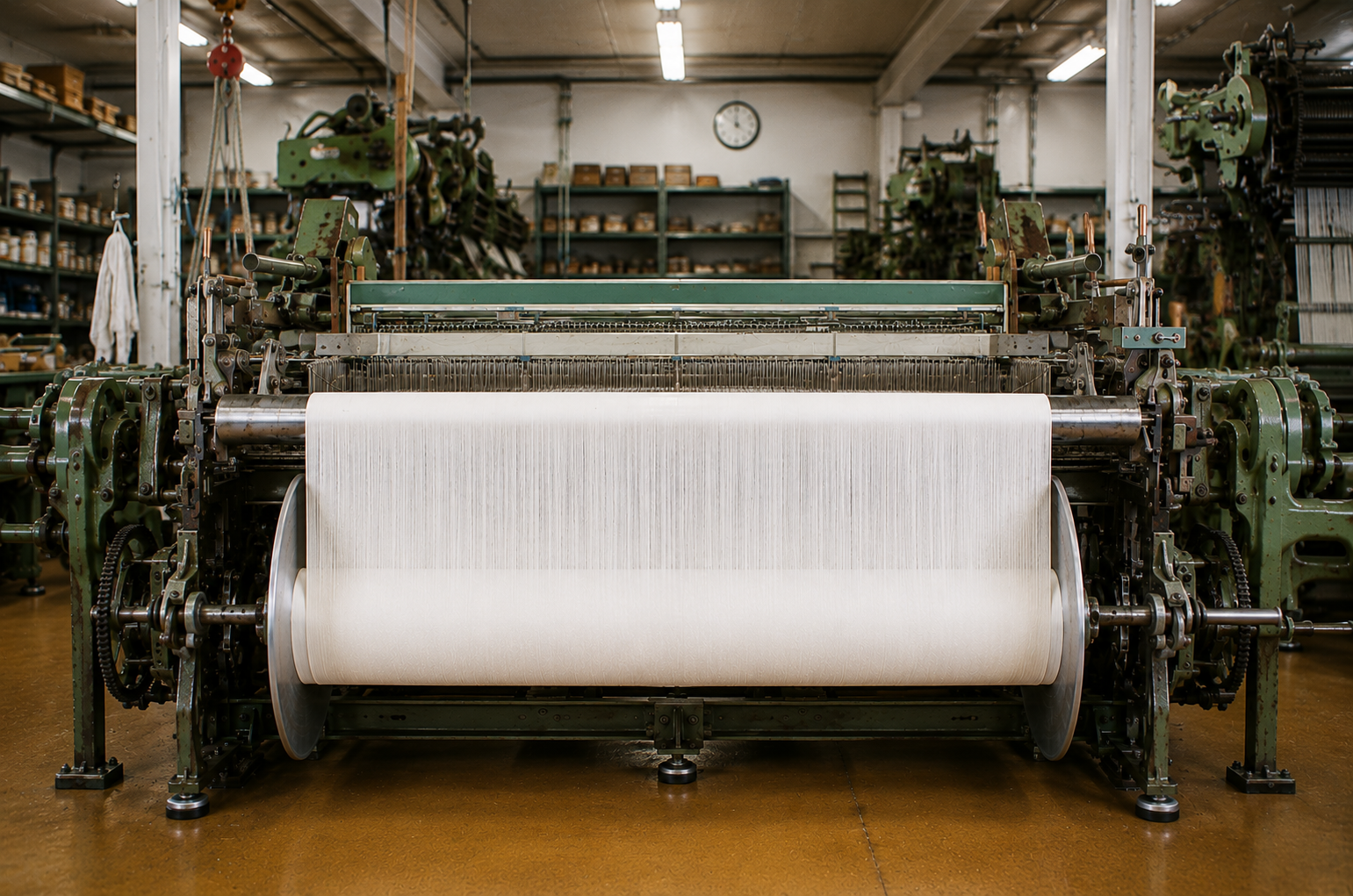 The warp beam — thousands of ends drawn true before a single pick is thrown.