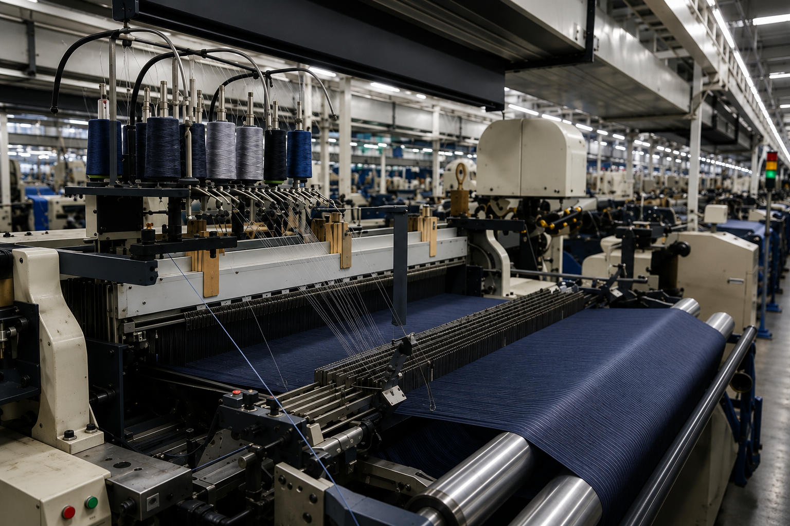 Navy suiting coming off our looms — finished by the metre.