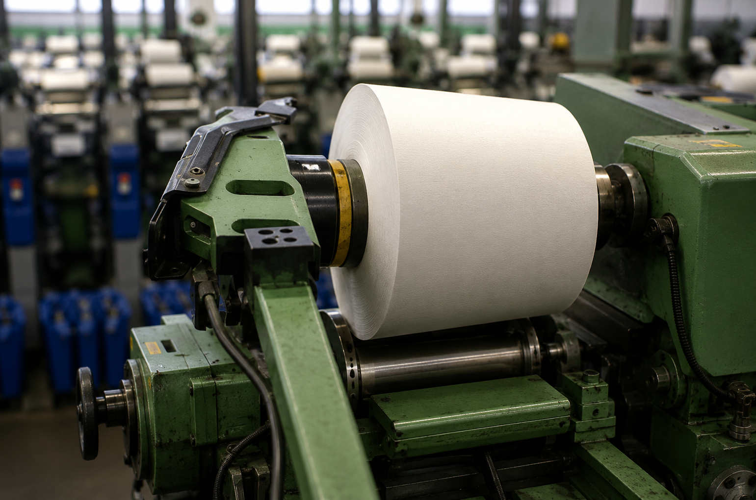 A finished roll leaving the winder, ready for the dye house.